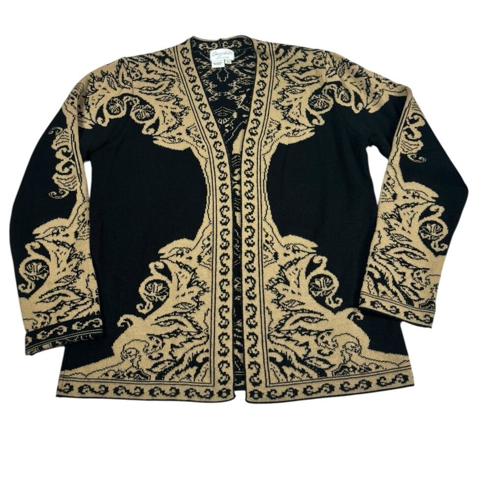 VINTAGE Chessy  Lewis Cardigan Sweater Womens L ENGLAND Tan Black Wool Blend